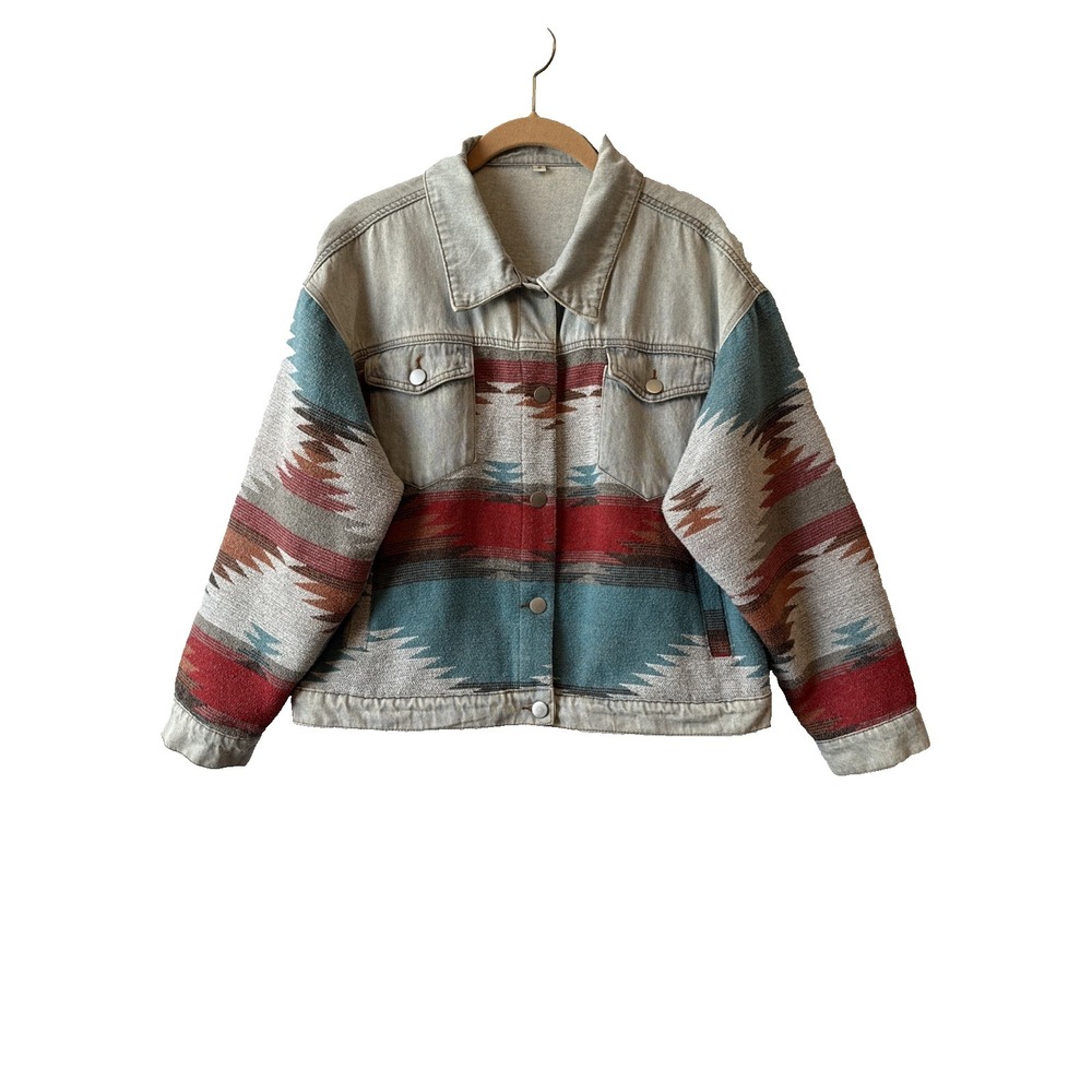 Southwestern Aztec Lightwash Denim Button Front Jacket S Western Boho Festival